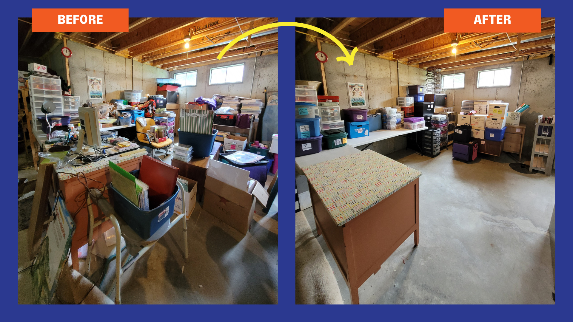 Before and after of a garage space. The left is very clutter with random items throughout. On the right, everything has been boxed or placed in bins. Nothing litters the floors.