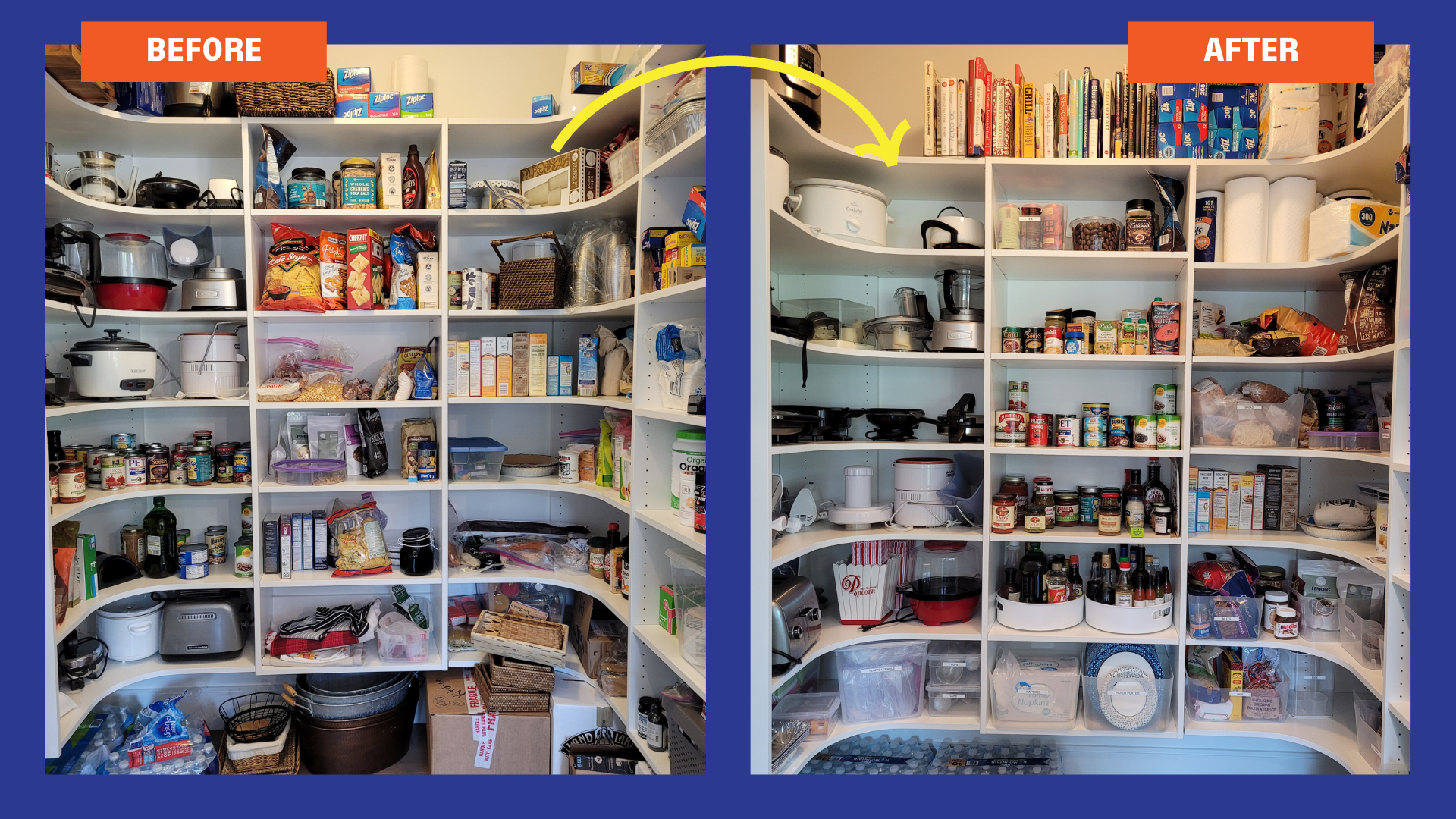 Before and after cleaning a pantry closet. Less clutter and easier to find what you. need in the after image.