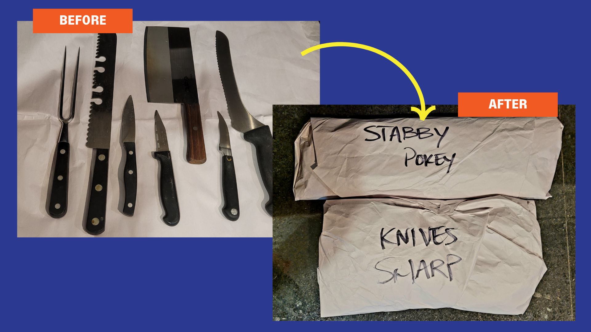 Before and after of safely packing knives. The knives are wrapped in paper and separated by type.