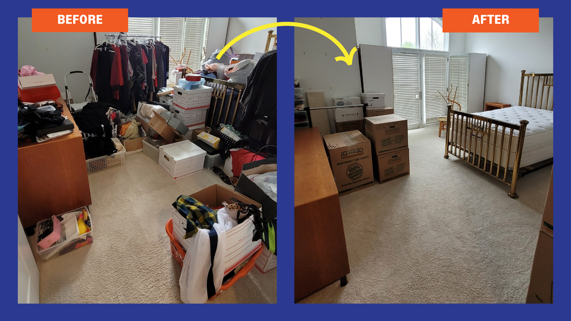 Before and after of organizing and helping a client pack. The left is cluttered with objects ready to be packed. The right is everything neatly tucked away in moving boxes.