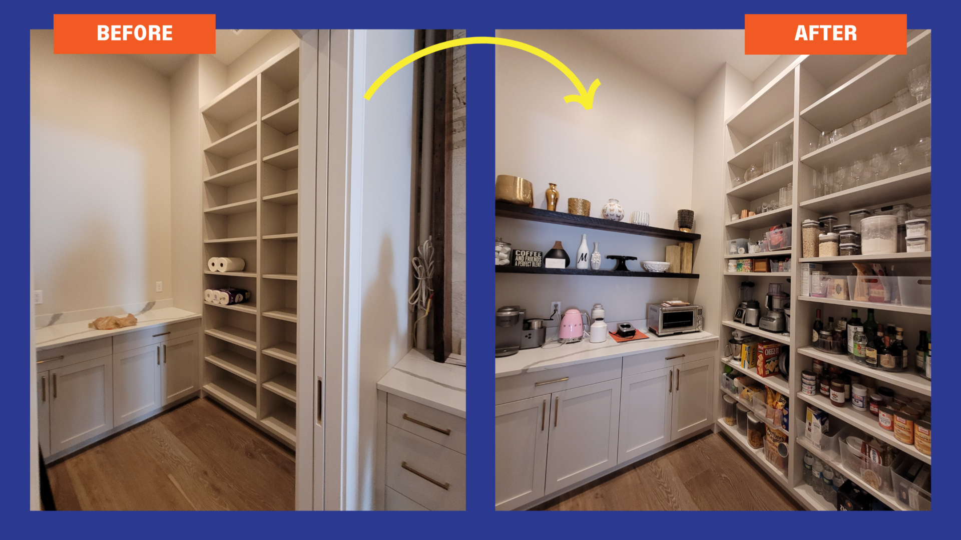 Before and after of pantry room after a move. Left is empty. The right is full of glasses, pantry items, and other cookware.