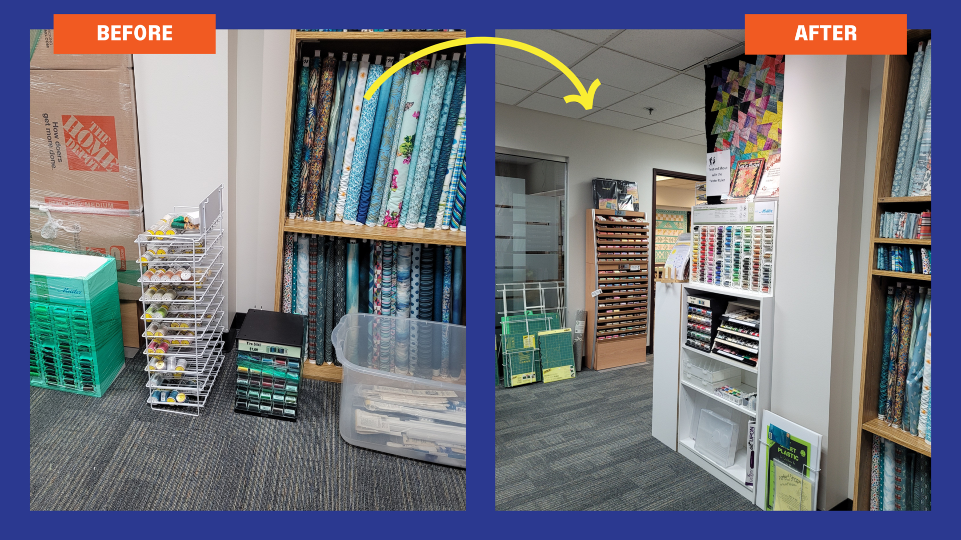 Before and after image of a fabric storage area. It is to help unpack supplies and organize in a way that helps them choose by color, pattern, and type.