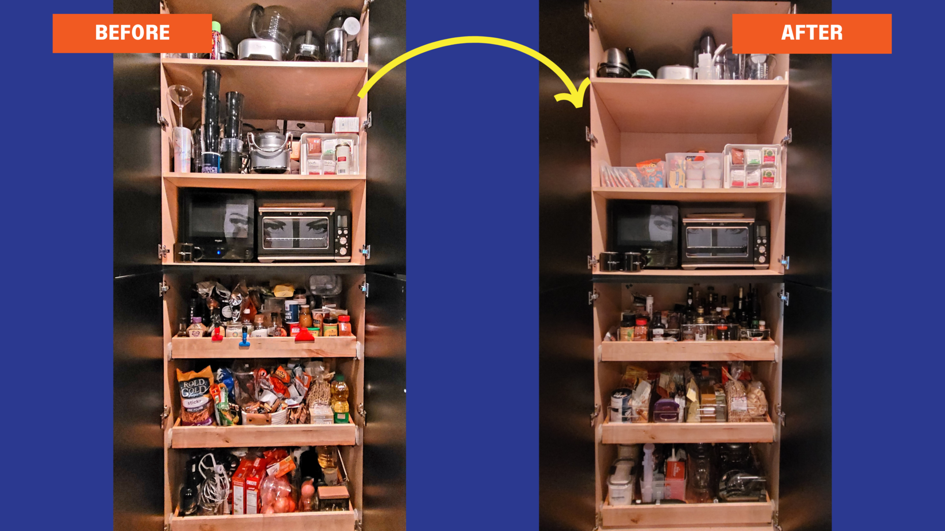 Before and after of a pantry. Left is more cluttered and the right is more clean and easier to find food/seasonings.